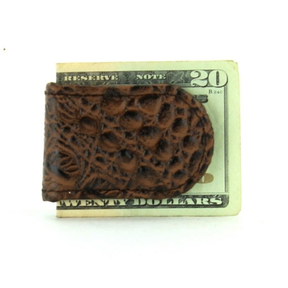 Mens Genuine Leather Brown Croc Embossed Design Magnetic Slim NWT Money Clip